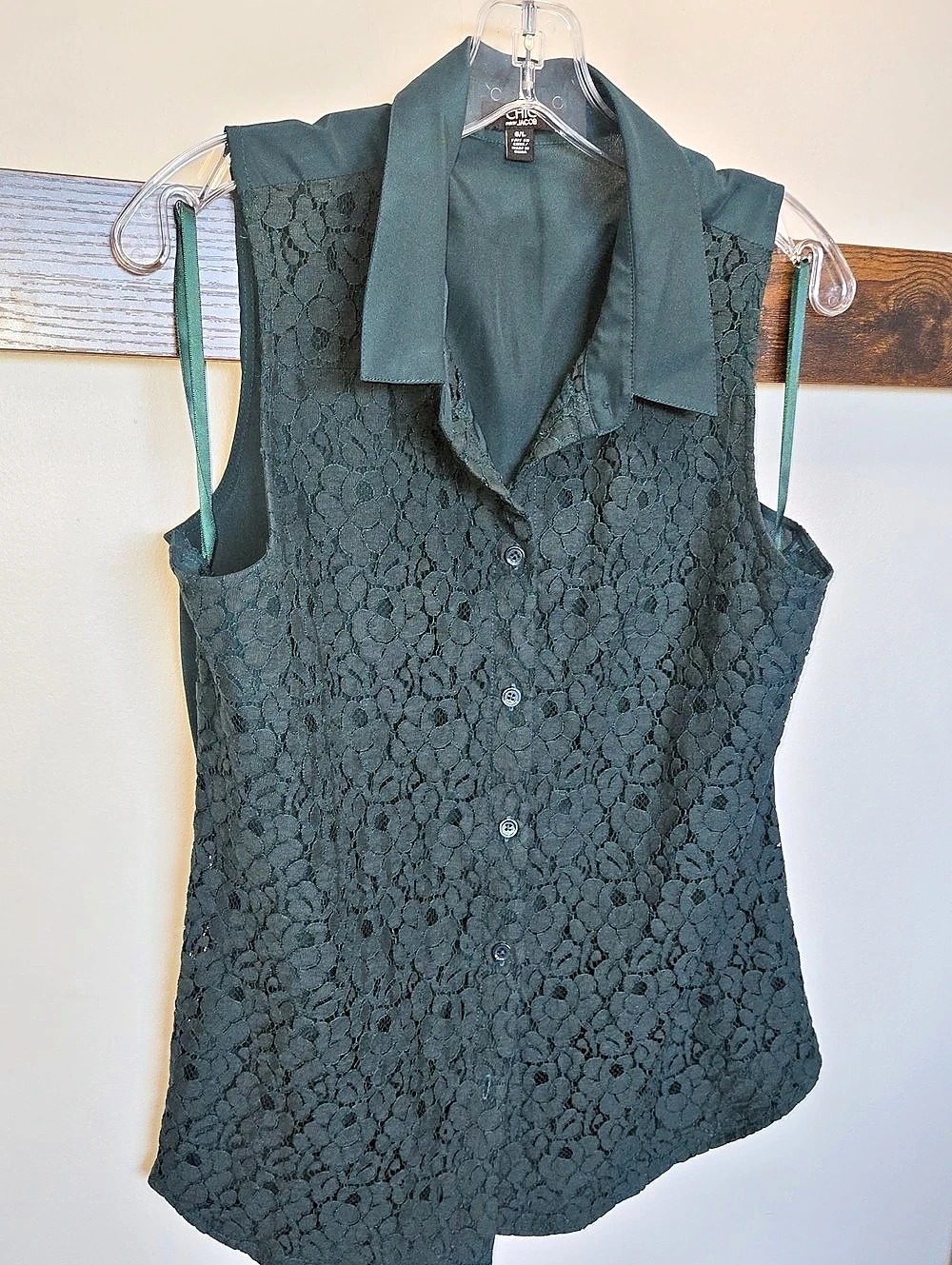 CHIC by PARIS JACOB Floral Lace-Collar Blouse in Green Large Like New